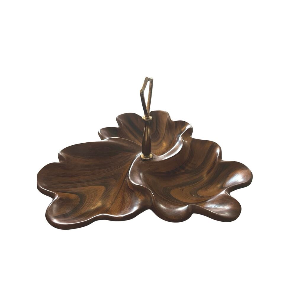Vtg Cal-Orig 305 California Pottery Tiered MCM Faux Wood Swirl Tidbit Snack Tray - Picture 2 of 8